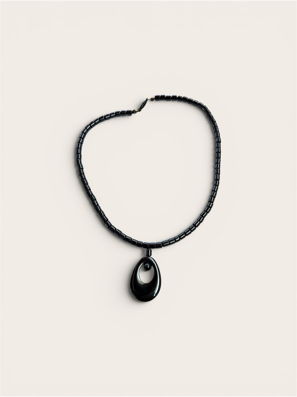 Hematite Beaded Pendant Necklace - Polished Dark Gray Drop